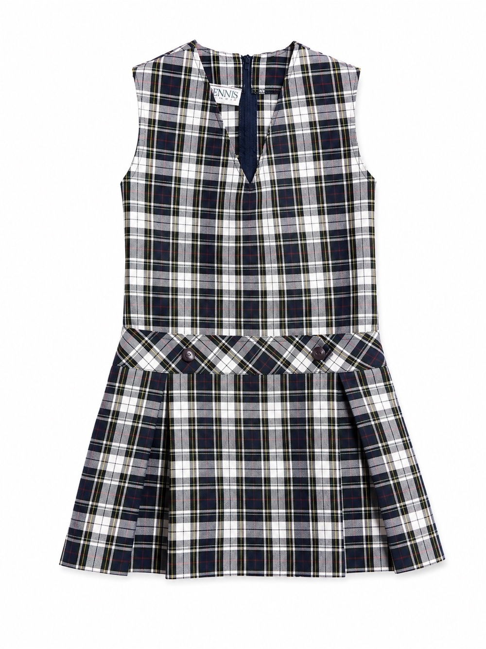 Jenni Navy and White Plaid Sleeveless School Dress with Button Waist